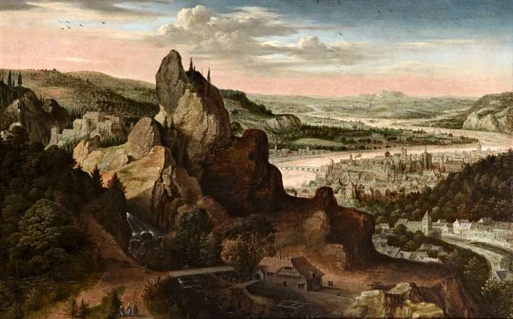 A Panoramic Mountain Landscape, with a City, possibly Frankfurt